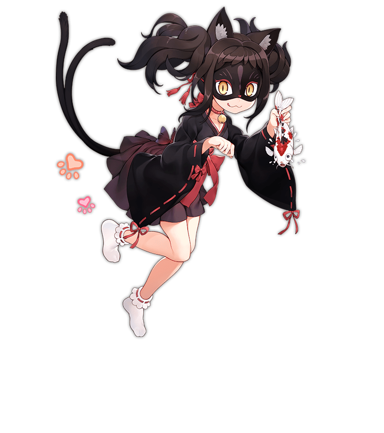 1girl :3 :d :q animal animal_ears ark_order bell black_hair black_kimono bow cat_ears choker domino_mask fish full_body hair_ornament holding holding_animal holding_fish japanese_clothes jingle_bell kimono koi long_sleeves mask mtyy multiple_tails neck_bell nekomata nekomata_(ark_order) official_art paw_print red_bow red_choker red_sash sash short_bangs sleeve_bow smile socks solo tachi-e tail tassel tassel_hair_ornament tongue tongue_out transparent_background twintails two_tails white_socks wide_sleeves yellow_eyes