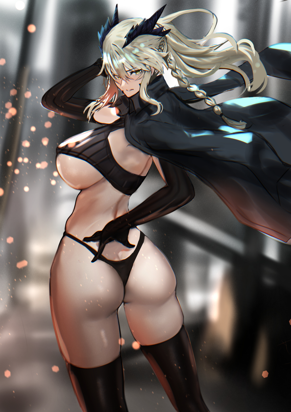 1girl artoria_pendragon_(fate) artoria_pendragon_(lancer_alter)_(fate) ass back blonde_hair braid breasts clenched_teeth fate/grand_order fate_(series) hair_between_eyes highres horns jacket jacket_on_shoulders jikihatiman large_breasts long_hair looking_at_viewer looking_back sidelocks solo teeth thighhighs thighs yellow_eyes
