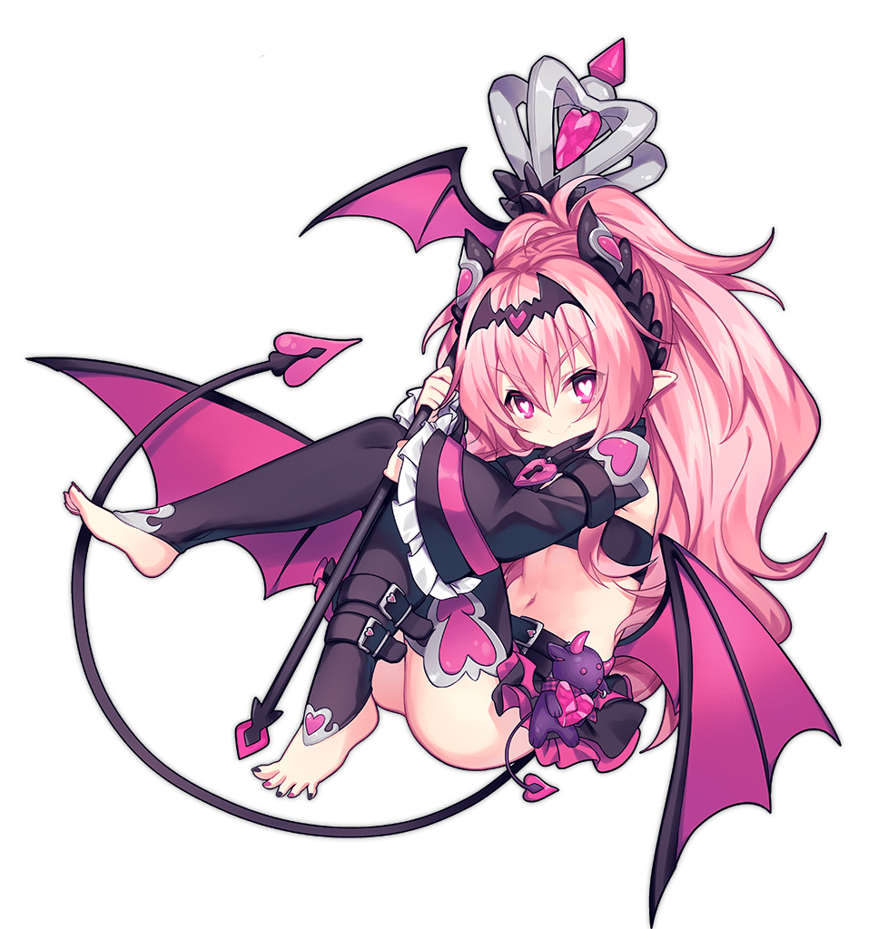 1girl ao_jun ark_order bare_shoulders barefoot bat_hair_ornament belt black_belt black_leggings black_nails black_skirt blush bridal_legwear closed_mouth crop_top demon_tail demon_wings frilled_sleeves frills full_body hair_ornament heart heart-shaped_lock heart-shaped_pupils heart_hair_ornament heart_print high_ponytail holding holding_staff horns leggings lock long_hair long_sleeves looking_at_viewer multicolored_nails navel official_art pink_eyes pink_hair pink_nails pink_theme pointy_ears sidelocks skirt smile solo staff stomach succubus_(ark_order) symbol-shaped_pupils tachi-e tail transparent_background very_long_hair wide_sleeves wings