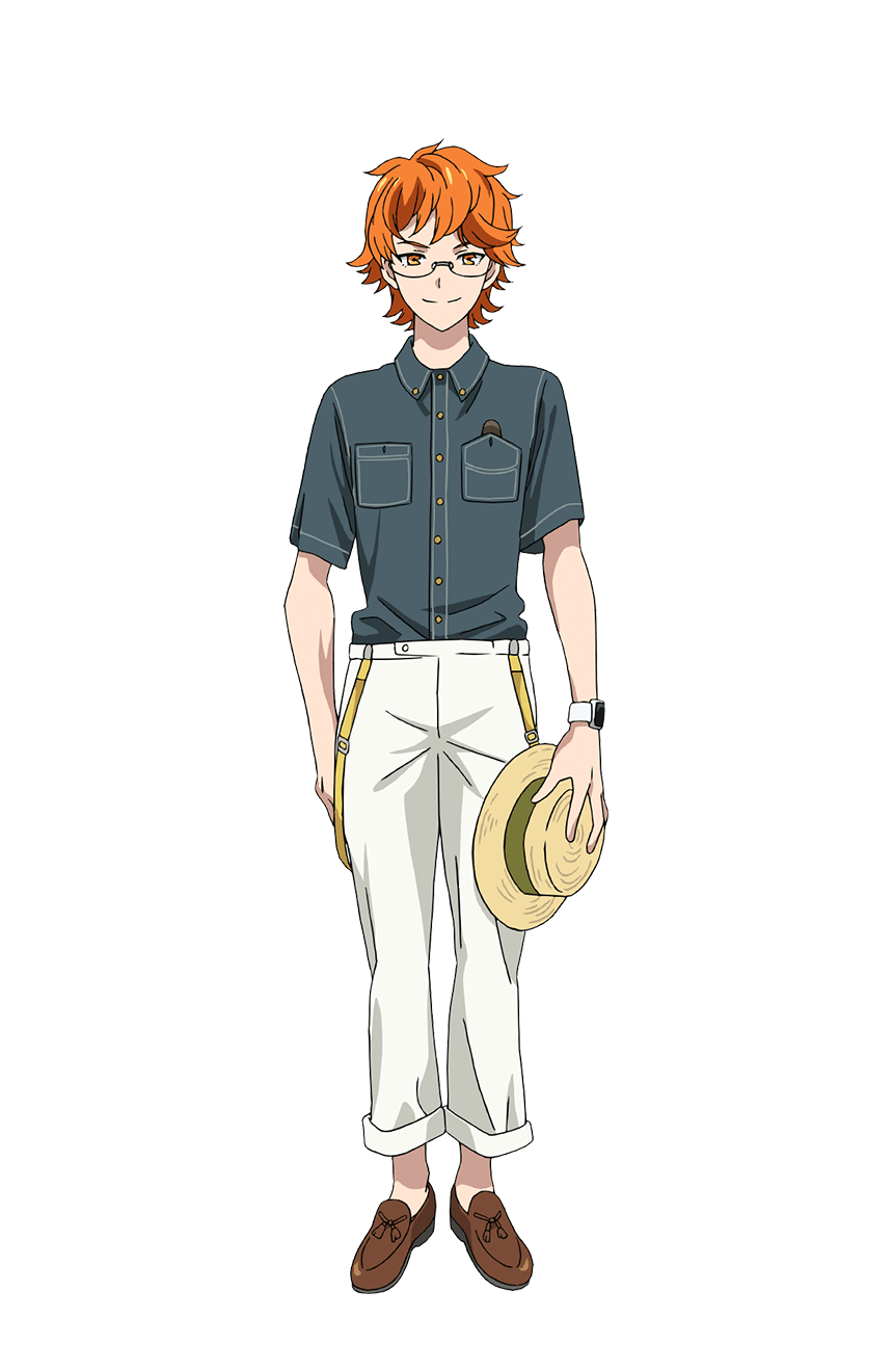 1boy brown_footwear collared_shirt full_body glasses grey_shirt hat highres holding holding_clothes holding_hat juuouin_kakeru king_of_prism king_of_prism:_shiny_seven_stars loafers looking_at_viewer male_focus official_art orange_eyes orange_hair pants pretty_rhythm pretty_series second-party_source shirt shoes short_hair simple_background smile solo standing straw_hat suspenders tachi-e transparent_background watch white_pants wristwatch