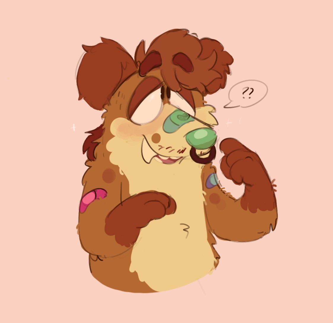 2023 anthro band-aid band-aid_on_arm bandage black_eyes bluey_(series) blush brown_body brown_ears brown_fur brown_hair canid canine canis digital_media_(artwork) domestic_dog facial_piercing fangs fur green_nose hair half-closed_eyes male mammal multicolored_body multicolored_fur narrowed_eyes nose_piercing nose_ring piercing pink_background question_mark ring_piercing shaibey sharp_teeth simple_background smile solo speech_bubble teeth tongue