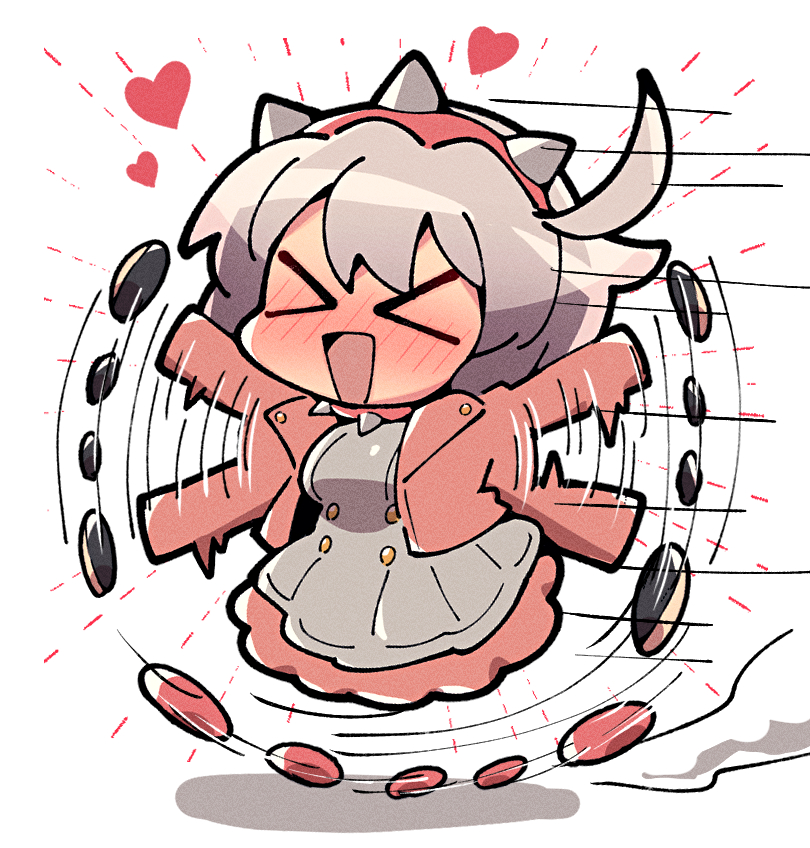 &gt;_&lt; ahoge blush chibi cropped_jacket dress elphelt_valentine excited guilty_gear guilty_gear_strive hairband heart itsuka_neru jacket open_clothes open_jacket open_mouth pink_hairband pink_jacket simple_background smile spiked_hairband spikes white_background white_dress white_hair