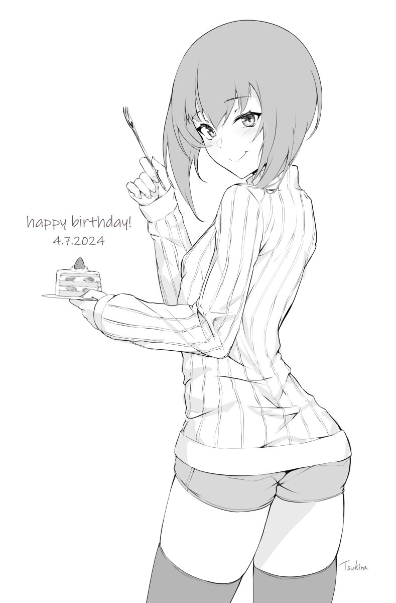 1girl alternate_costume ass birthday breasts cake commentary dated food fork greyscale happy_birthday highres holding holding_fork holding_plate kantai_collection long_sleeves looking_at_viewer looking_back monochrome plate ribbed_sweater short_hair short_shorts shorts simple_background sleeves_past_wrists small_breasts smile solo sweater symbol-only_commentary taihou_(kancolle) thighhighs tsukira_(amayadori) turtleneck turtleneck_sweater