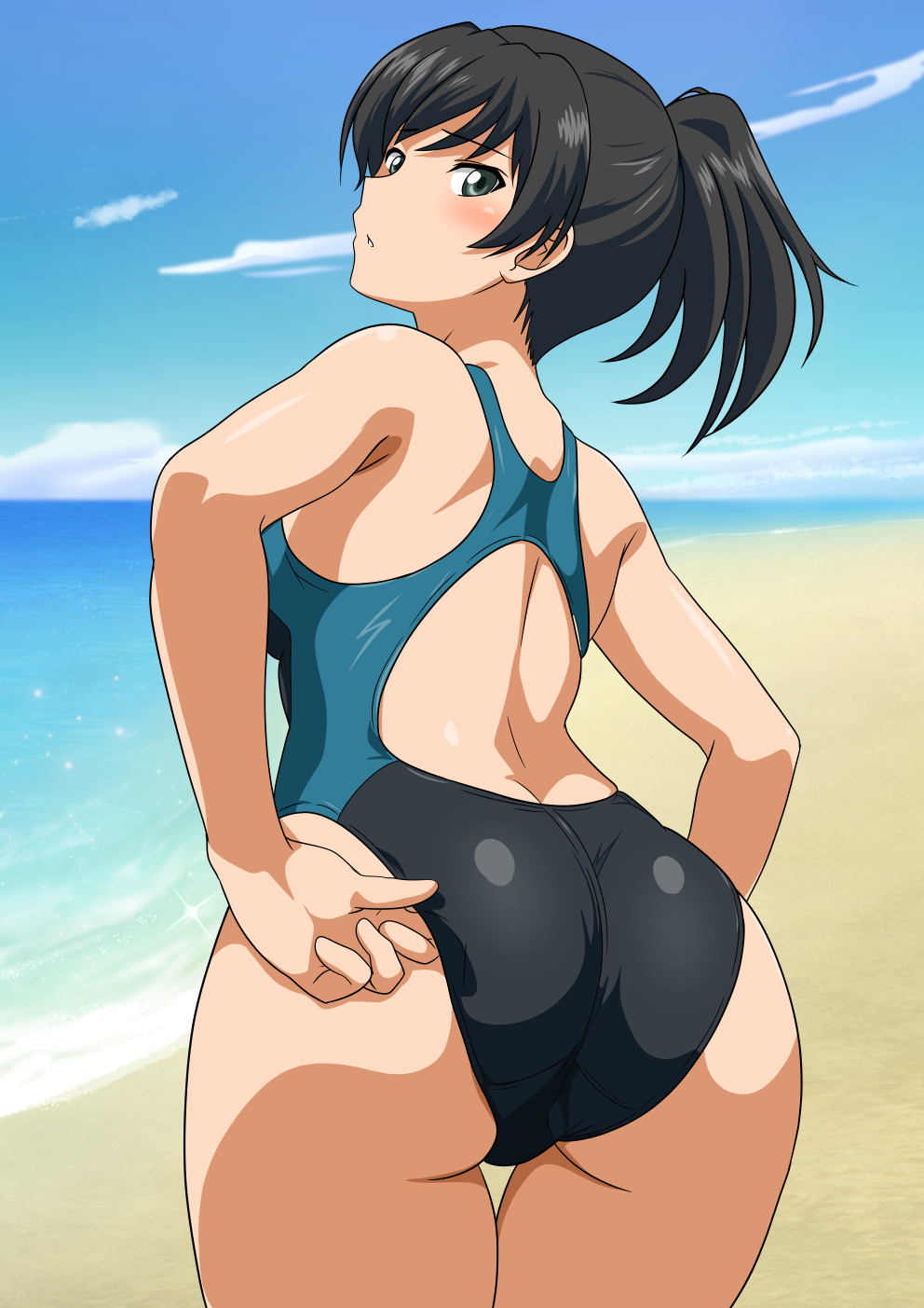 1girl adjusting_clothes adjusting_swimsuit amagami ass beach black_hair black_one-piece_swimsuit blue_sky breasts brown_eyes cloud competition_swimsuit cowboy_shot day from_behind highres horizon looking_at_viewer looking_back medium_breasts ocean one-piece_swimsuit outdoors ponytail sky solo swimsuit tsukahara_hibiki two-tone_swimsuit yuuyuu_(3jjbn)