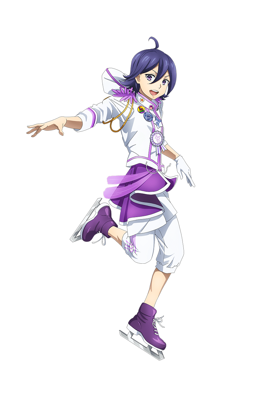 1boy :d ahoge aiguillette epaulettes full_body highres ice_skates jacket king_of_prism king_of_prism:_shiny_seven_stars long_sleeves looking_at_viewer male_focus official_art open_mouth pants pretty_rhythm pretty_series purple_eyes purple_footwear purple_hair second-party_source short_hair simple_background skates smile solo standing standing_on_one_leg suzuno_yuu tachi-e transparent_background white_jacket white_pants