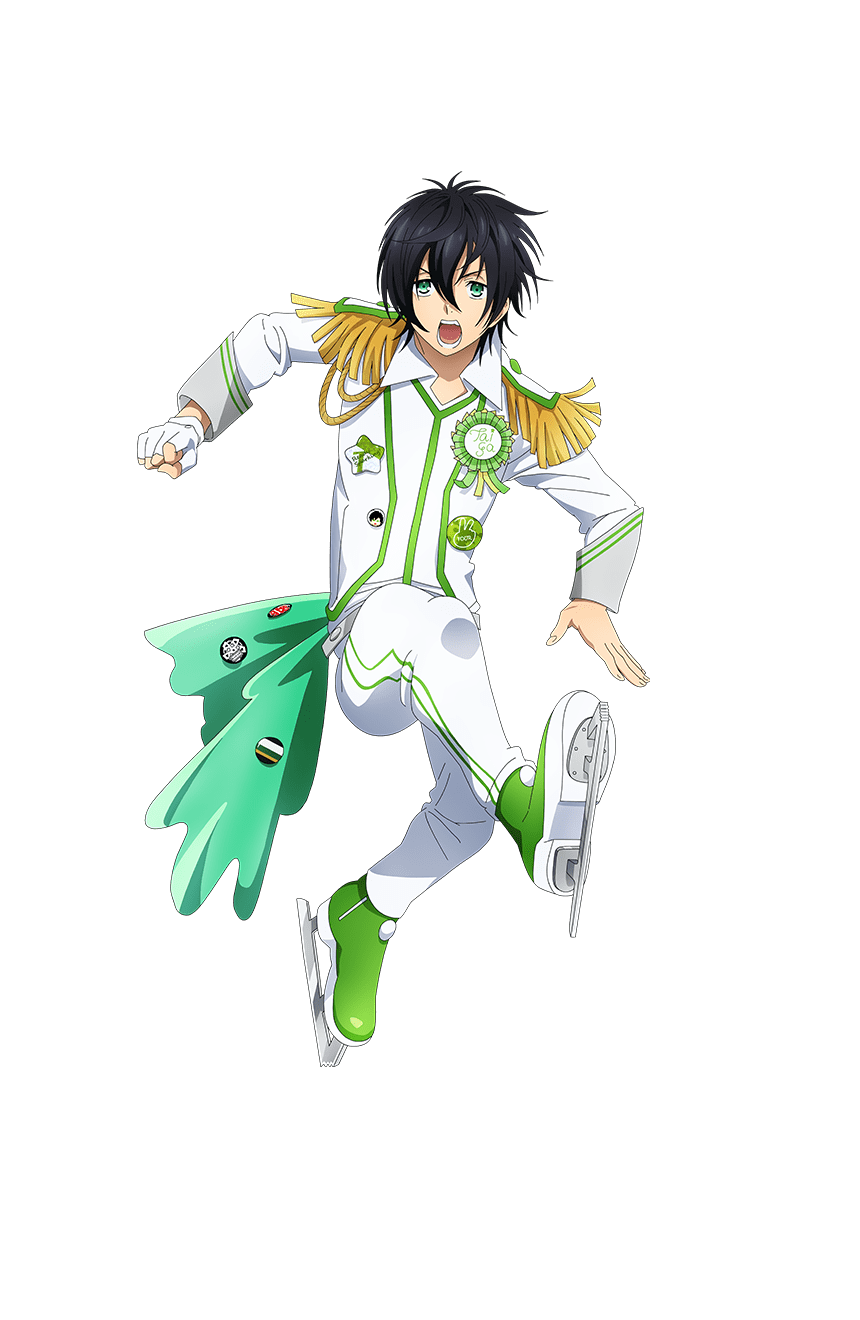 1boy aiguillette black_hair clenched_hand epaulettes full_body green_eyes green_footwear highres ice_skates jacket kicking king_of_prism king_of_prism:_shiny_seven_stars kougami_taiga long_sleeves looking_at_viewer male_focus official_art open_mouth pants pretty_rhythm pretty_series second-party_source shoe_soles shoes short_hair simple_background skates solo standing tachi-e transparent_background white_jacket white_pants