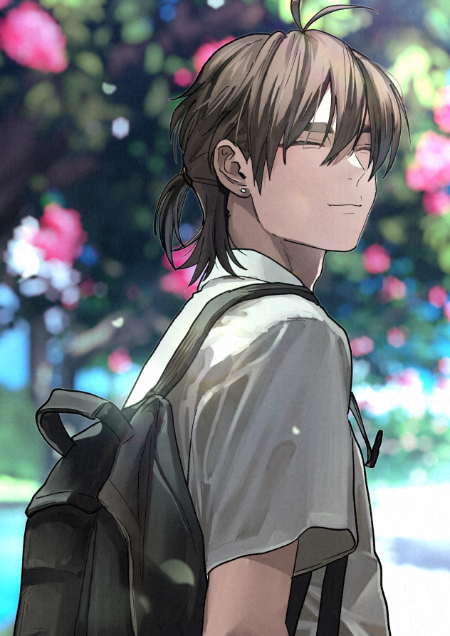 1boy backpack bag blurry blurry_background brown_hair closed_eyes collared_shirt contemporary day depth_of_field earrings facing_viewer gegege_no_kitarou half_updo jewelry kitarou_tanjou:_gegege_no_nazo male_focus momoka_(abc_momoka0718) nagata_genji ponytail school_uniform shirt short_sleeves solo stud_earrings