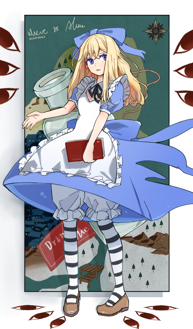 1girl alice_(black_souls) apron black_ribbon black_souls blonde_hair bloomers blue_bow blue_eyes bow brown_footwear compass_rose drink_me_potion frilled_apron frills full_body hair_bow long_hair looking_to_the_side neck_ribbon parted_lips puffy_short_sleeves puffy_sleeves ribbon shoes short_sleeves sidelocks solo striped_clothes striped_thighhighs thighhighs white_apron white_bloomers zi_cha_mo_xue