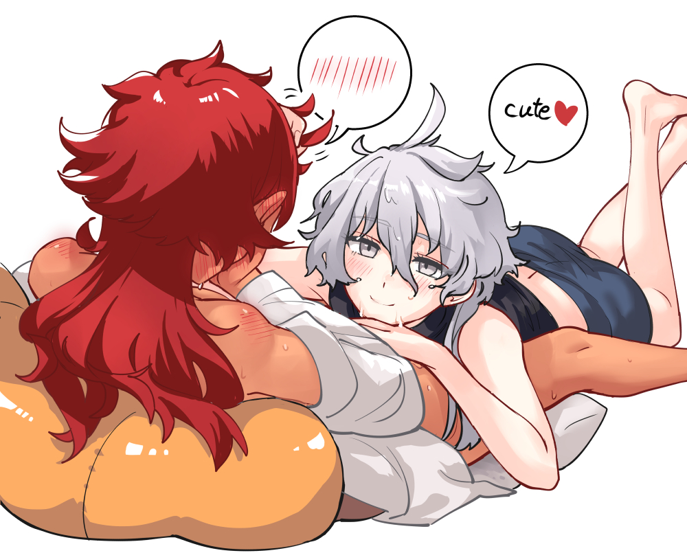 2girls after_cunnilingus black_shirt blush covering_face english_text grey_eyes grey_hair gundam gundam_suisei_no_majo implied_after_sex long_hair looking_at_another medium_hair miorine_rembran mitsu_(tendou_itsuki) multiple_girls no_pants red_hair ruffling_hair shirt suletta_mercury wet wife_and_wife yuri