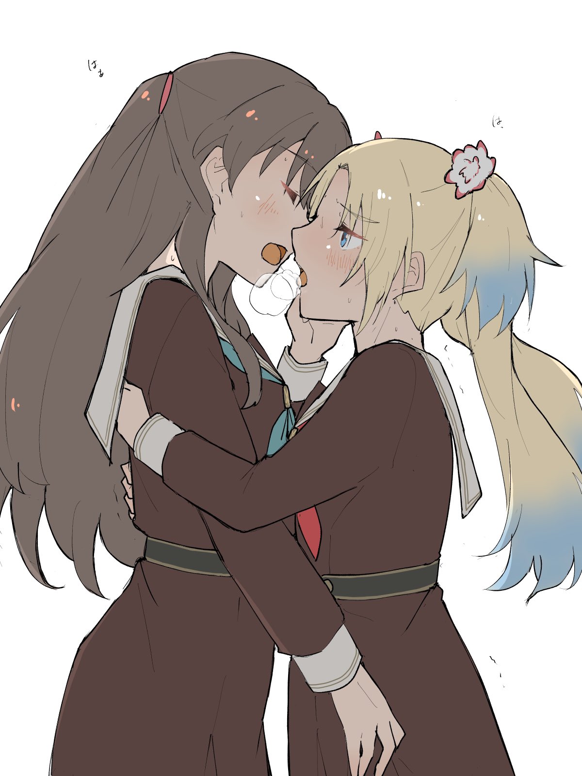 2girls after_kiss aqua_neckerchief blonde_hair blue_eyes blue_hair blush breath brown_dress brown_hair commentary dress facing_another flower fujishima_megumi gradient_hair hair_flower hair_ornament hand_on_own_cheek hand_on_own_face hands_on_another's_back hasu_no_sora_school_uniform highres himero light_blue_hair link!_like!_love_live! long_hair long_sleeves looking_at_another love_live! mira-cra_park! multicolored_hair multiple_girls neckerchief open_mouth osawa_rurino parted_bangs pleated_dress purple_eyes red_neckerchief sailor_collar sailor_dress saliva saliva_trail school_uniform sidelocks simple_background sweat symbol-only_commentary trembling twintails two_side_up virtual_youtuber white_background white_flower white_sailor_collar winter_uniform yuri