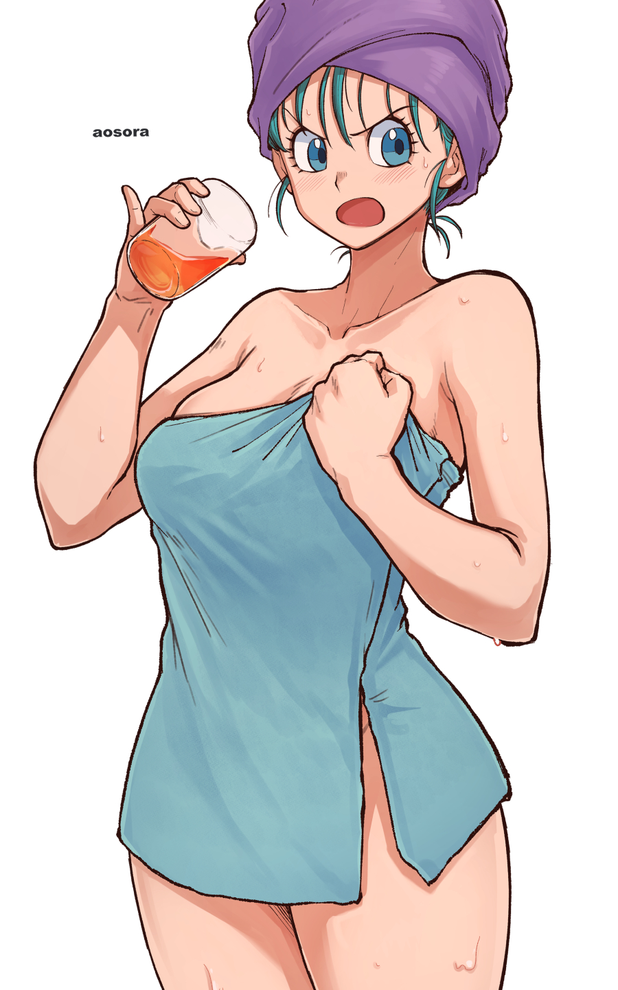 1girl aosora2823 bare_shoulders blue_eyes blue_hair breasts bulma collarbone cup dragon_ball glass highres juice open_mouth simple_background solo standing thighs towel wet