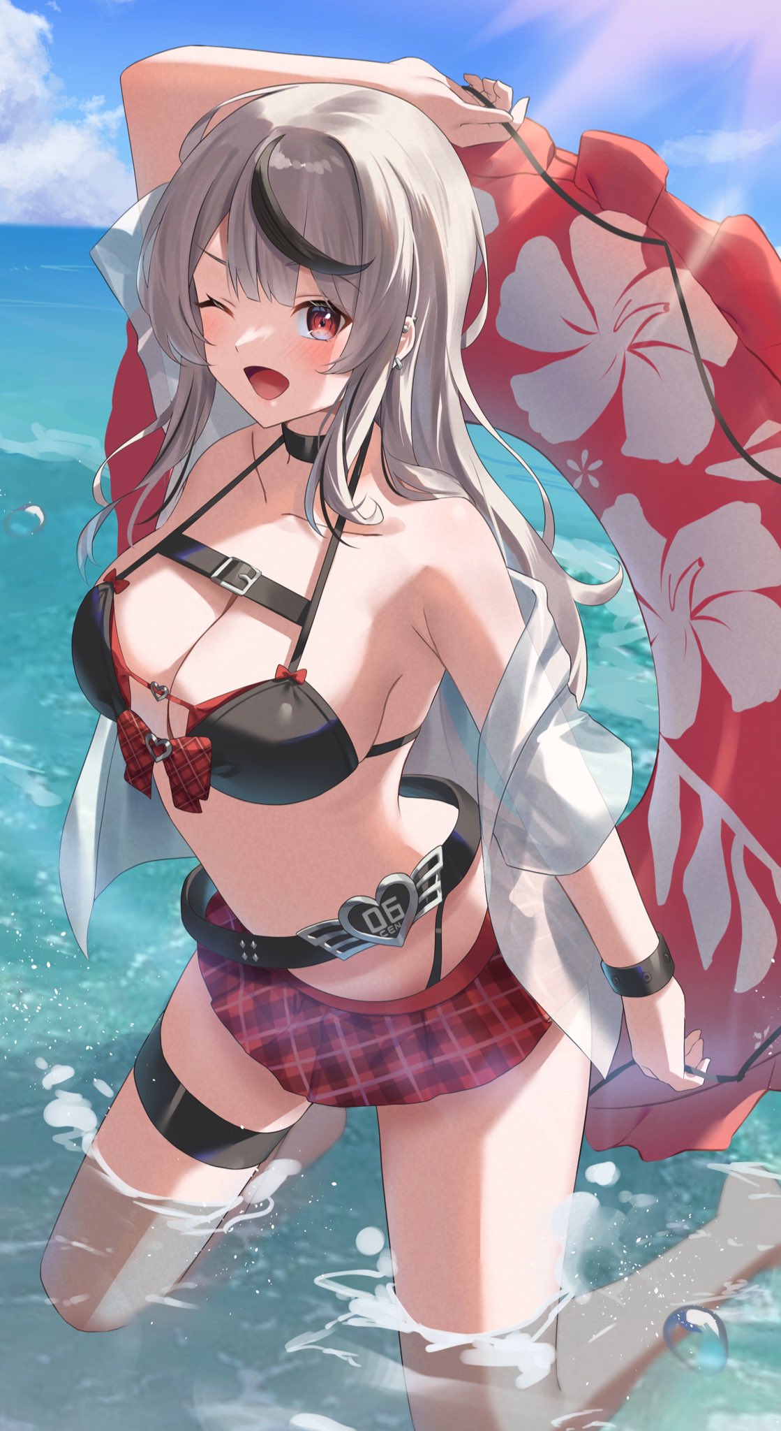 arm_up bare_shoulders beach bikini bikini_skirt black_bikini black_hair blush breasts cleavage collarbone ear_piercing earrings grey_hair highres hololive jewelry kneeling long_hair medium_breasts multicolored_hair ocean one_eye_closed partially_submerged pendora1022 piercing red_eyes sakamata_chloe sunlight swim_ring swimsuit thigh_strap two-tone_hair