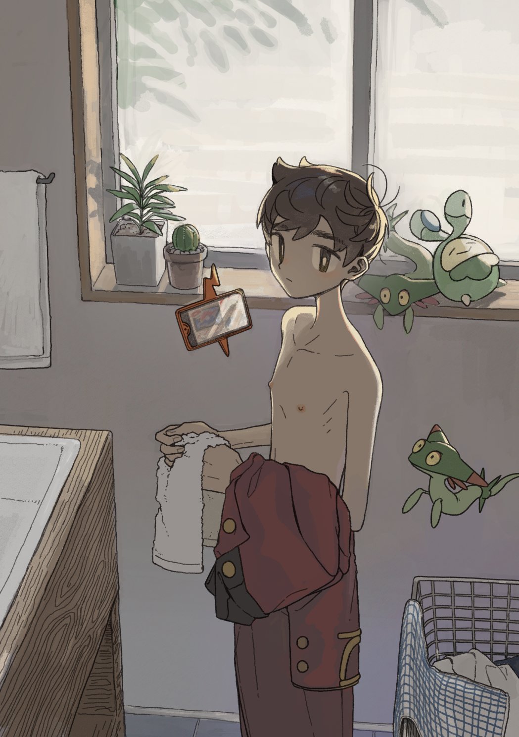1boy bathroom brown_eyes brown_hair cactus closed_mouth coat expressionless highres holding holding_clothes holding_coat holding_towel indoors laundry_basket male_focus mmm3sushi nipples phone plant pokemon pokemon_swsh potted_plant red_coat solo stuffed_toy topless_male towel victor_(pokemon) window