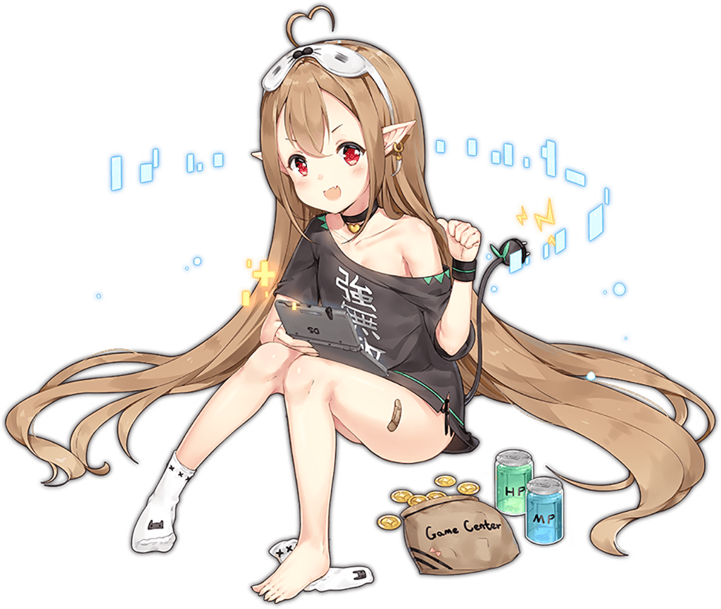 1girl :d ahoge ark_order bag bandaid bandaid_on_leg banned_artist black_shirt brown_hair cable cable_tail can coin drinking_straw earrings electricity eye_mask full_body goblin_(ark_order) handheld_game_console heart heart_ahoge holding holding_handheld_game_console hologram jewelry long_hair looking_at_viewer maya_g mechanical_tail nintendo_ds off_shoulder official_art paw_earrings plug pointing pointing_at_self pointy_ears potion red_eyes shirt sidelocks single_bare_shoulder single_earring single_sock sitting smile socks solo tachi-e tail thumbs_up transparent_background unworn_socks very_long_hair wristband