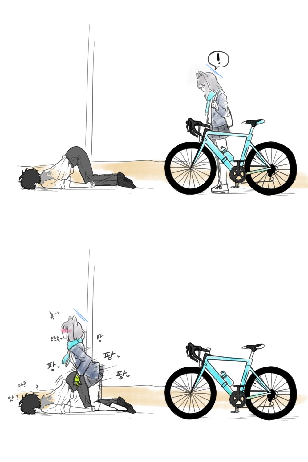 ! 1boy 1girl animal_ears assertive_female bicycle black_pants blue_archive blue_halo blue_scarf blush dry_humping gloves green_gloves grey_hair halo highres humping korean_text lying miniskirt mu94894747 pants scarf school_uniform sensei_(blue_archive) shiroko_(blue_archive) shirt short_hair simple_background skirt socks top-down_bottom-up unconscious white_background white_shirt white_socks wolf_ears wolf_girl