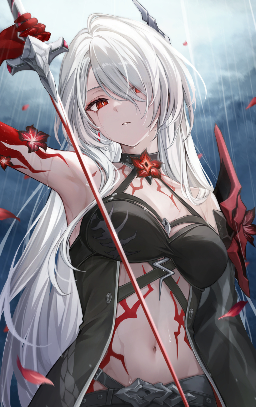 1girl acheron_(honkai:_star_rail) bare_shoulders body_markings breasts cleavage hair_ornament higeneko highres honkai:_star_rail honkai_(series) large_breasts long_hair looking_at_viewer navel rain red_eyes solo sword tagme weapon white_hair