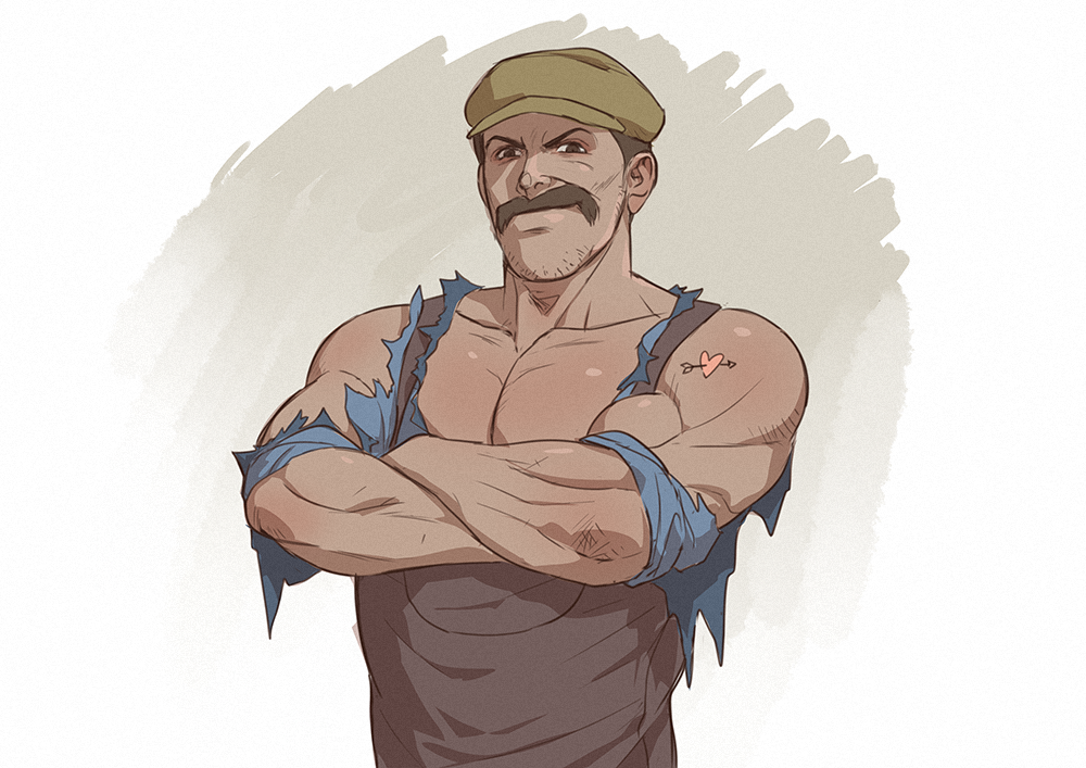 1boy bara beard black_hair collarbone crossed_arms facial_hair gb_(doubleleaf) green_hat hat heart heart_tattoo looking_at_viewer male_focus mature_male mr._duffi mustache pectoral_cleavage pectorals short_hair solo tattoo tenkuu_no_shiro_laputa torn_clothes white_background