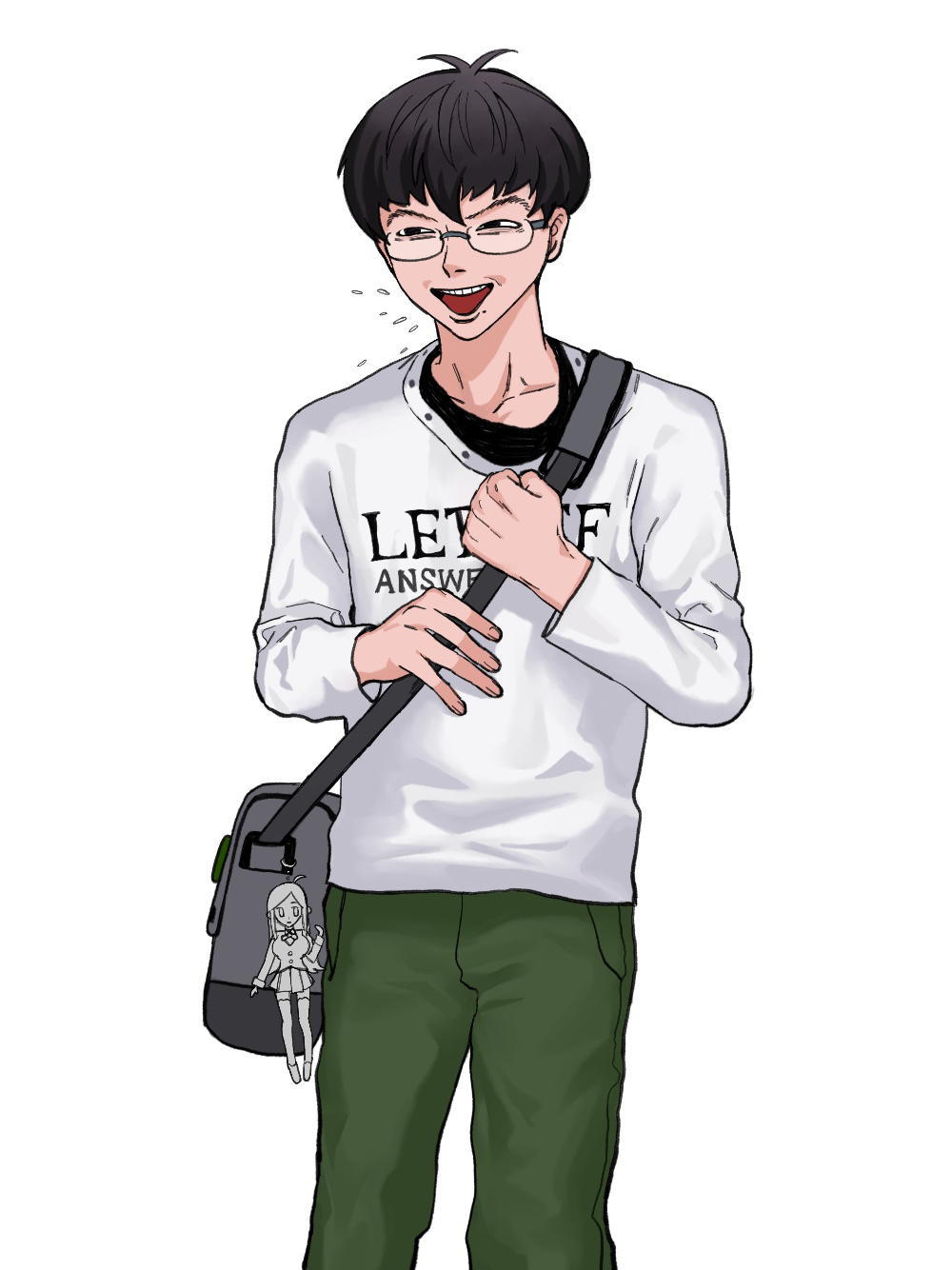 1boy antenna_hair bag bag_charm black_eyes black_hair black_shirt bowl_cut charm_(object) english_text feet_out_of_frame glasses green_pants half-closed_eyes highres holding_strap inkya_lovecome layered_shirt long_sleeves looking_ahead male_focus mole mole_under_mouth oohashi_taiga open_mouth otaku pants print_shirt shirt shoulder_bag simple_background smile solo spitting standing takushi_(taxi739) text_print white_background white_shirt