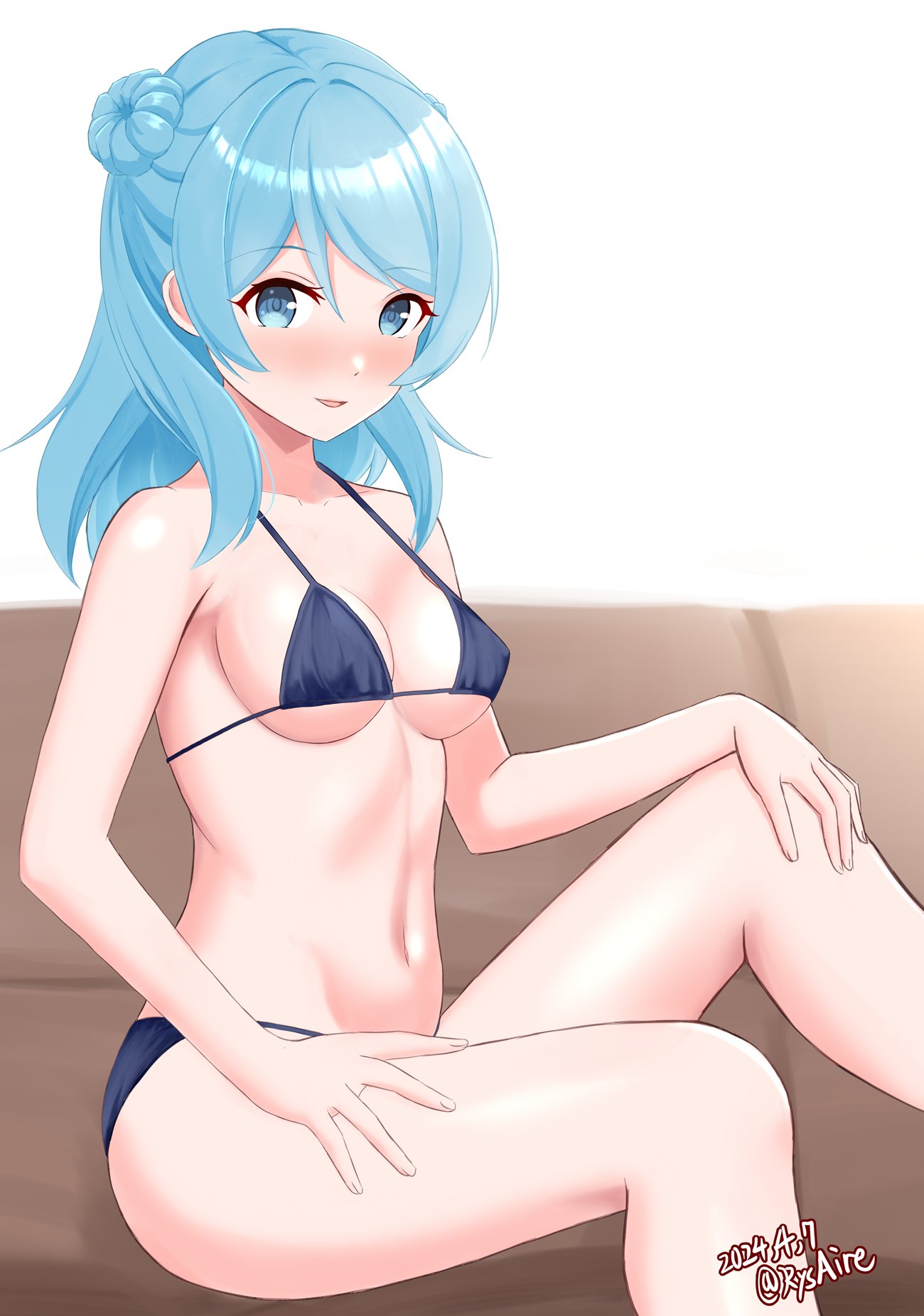 1girl alternate_costume ame-san bikini blue_bikini blue_eyes blue_hair breasts couch dated double_bun feet_out_of_frame hair_bun highres kantai_collection medium_breasts medium_hair micro_bikini navel simple_background solo swimsuit twitter_username urakaze_(kancolle) white_background