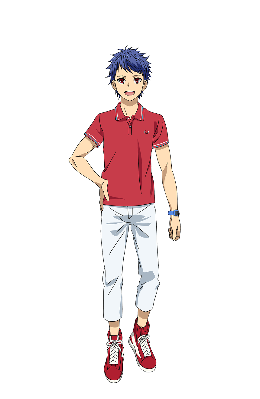 1boy blue_hair full_body hand_on_own_hip highres ichijou_shin king_of_prism king_of_prism:_shiny_seven_stars looking_at_viewer male_focus official_art open_mouth pants pretty_rhythm pretty_series red_eyes red_footwear red_shirt second-party_source shirt shoes short_hair short_sleeves simple_background smile sneakers solo standing tachi-e transparent_background watch white_pants wristwatch