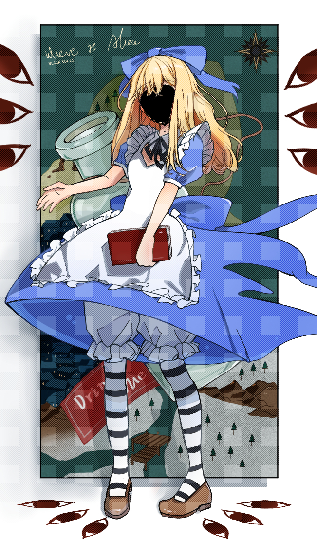 1girl alice_(black_souls) apron black_ribbon black_souls blonde_hair bloomers blue_bow bow brown_footwear compass_rose covered_face drink_me_potion facing_viewer frilled_apron frills full_body hair_bow long_hair neck_ribbon puffy_short_sleeves puffy_sleeves ribbon shoes short_sleeves sidelocks solo spoilers striped_clothes striped_thighhighs thighhighs white_apron white_bloomers zi_cha_mo_xue