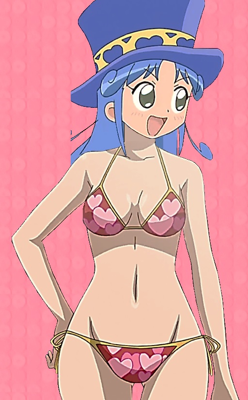 1girl bare_arms bikini blue_hair blue_hat breasts cleavage female fushigiboshi_no_futago_hime game_cg groin halterneck hand_on_hip hat light_brown_eyes long_hair lovely_bikini medium_breasts open_mouth red_bikini rein skindentation solo string_bikini swimsuit very_long_hair