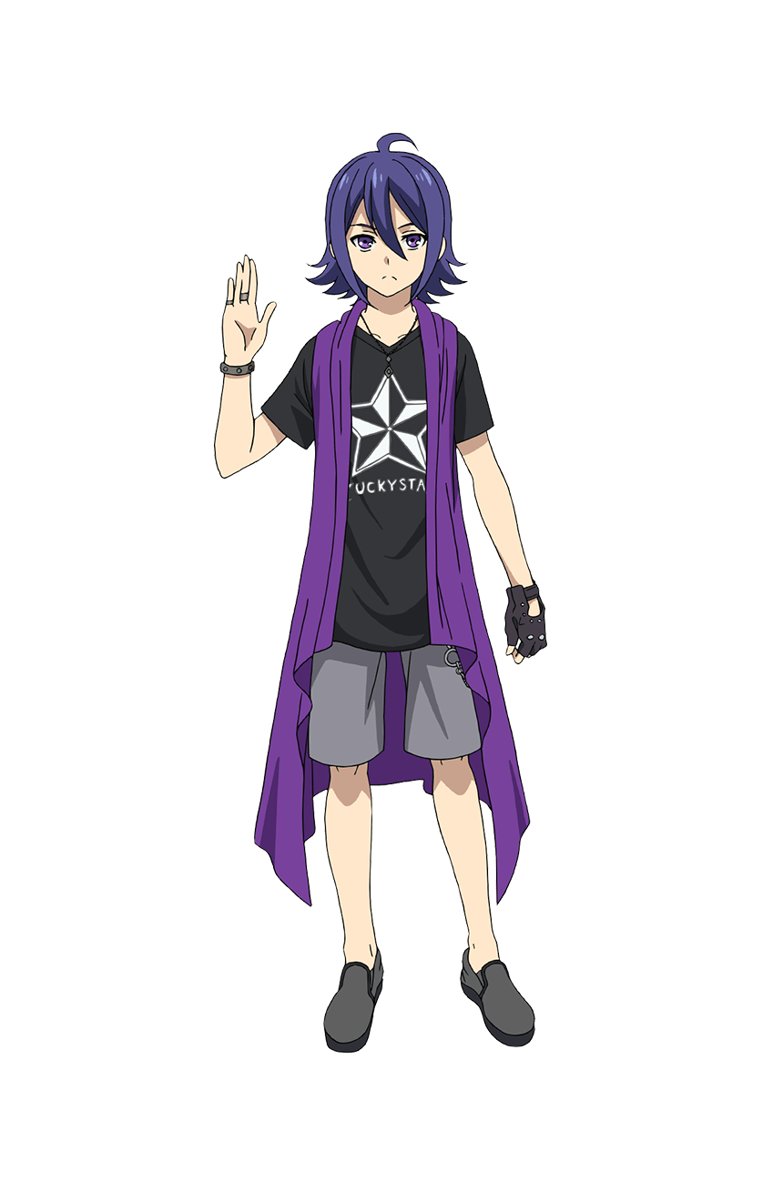 1boy ahoge black_gloves black_shirt closed_mouth fingerless_gloves full_body gloves grey_footwear grey_shorts hair_between_eyes hand_up highres jewelry king_of_prism king_of_prism:_shiny_seven_stars looking_at_viewer male_focus necklace official_art pretty_rhythm pretty_series purple_eyes purple_hair purple_scarf ring scarf second-party_source shirt shoes short_hair short_sleeves shorts simple_background single_glove solo standing suzuno_yuu t-shirt tachi-e transparent_background