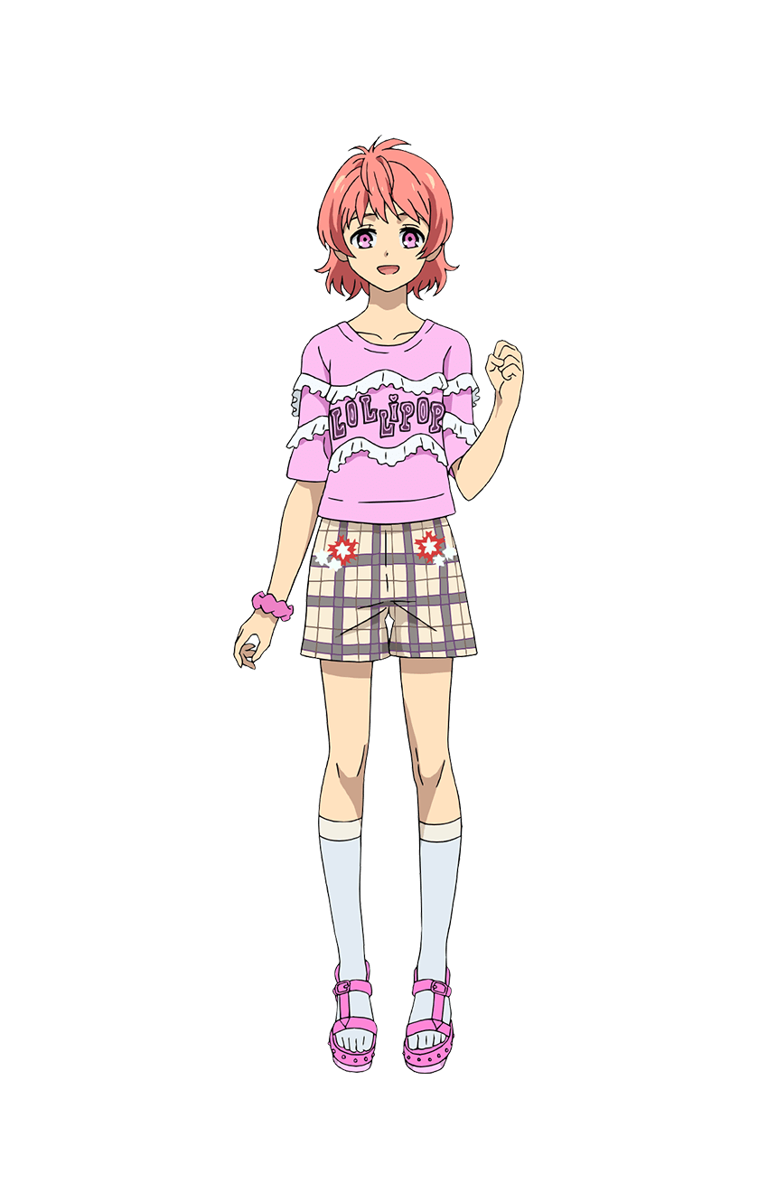 1boy :d bracelet crossdressing full_body hand_up highres jewelry king_of_prism king_of_prism:_shiny_seven_stars kneehighs looking_at_viewer male_focus official_art open_mouth otoko_no_ko pink_eyes pink_footwear pink_hair pink_shirt plaid plaid_shorts pretty_rhythm pretty_series saionji_leo sandals second-party_source shirt short_sleeves shorts simple_background smile socks solo standing tachi-e transparent_background