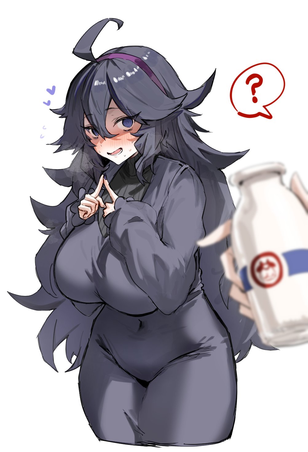 1girl ? @_@ ahoge alternate_breast_size black_eyes black_hair black_sweater blush bottle breasts breath dress hairband heart heart-shaped_pupils heavy_breathing hex_maniac_(pokemon) highres horn/wood large_breasts long_dress long_hair long_sleeves looking_at_viewer milk_bottle open_mouth pokemon pokemon_xy purple_dress purple_hairband ribbed_sweater smile solo solo_focus sweater symbol-shaped_pupils