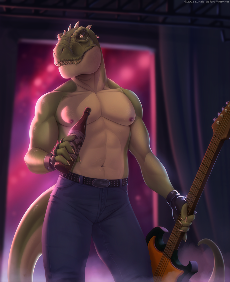 abs anthro bottomwear clothing dinosaur lunalei male nipples pants pecs reptile rocco_(tallion) scales scalie sharp_teeth solo spikes spikes_(anatomy) teeth theropod tyrannosaurid tyrannosauroid tyrannosaurus tyrannosaurus_rex