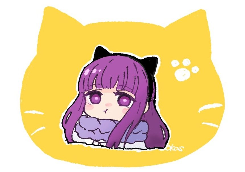 1girl :t animal_ears animal_print cat_ears cat_print chibi cropped_torso fake_animal_ears fern_(sousou_no_frieren) hairband half_updo long_hair long_sleeves looking_at_viewer okas paw_print pout purple_eyes purple_hair scarf solo sousou_no_frieren white_background winter_clothes yellow_background