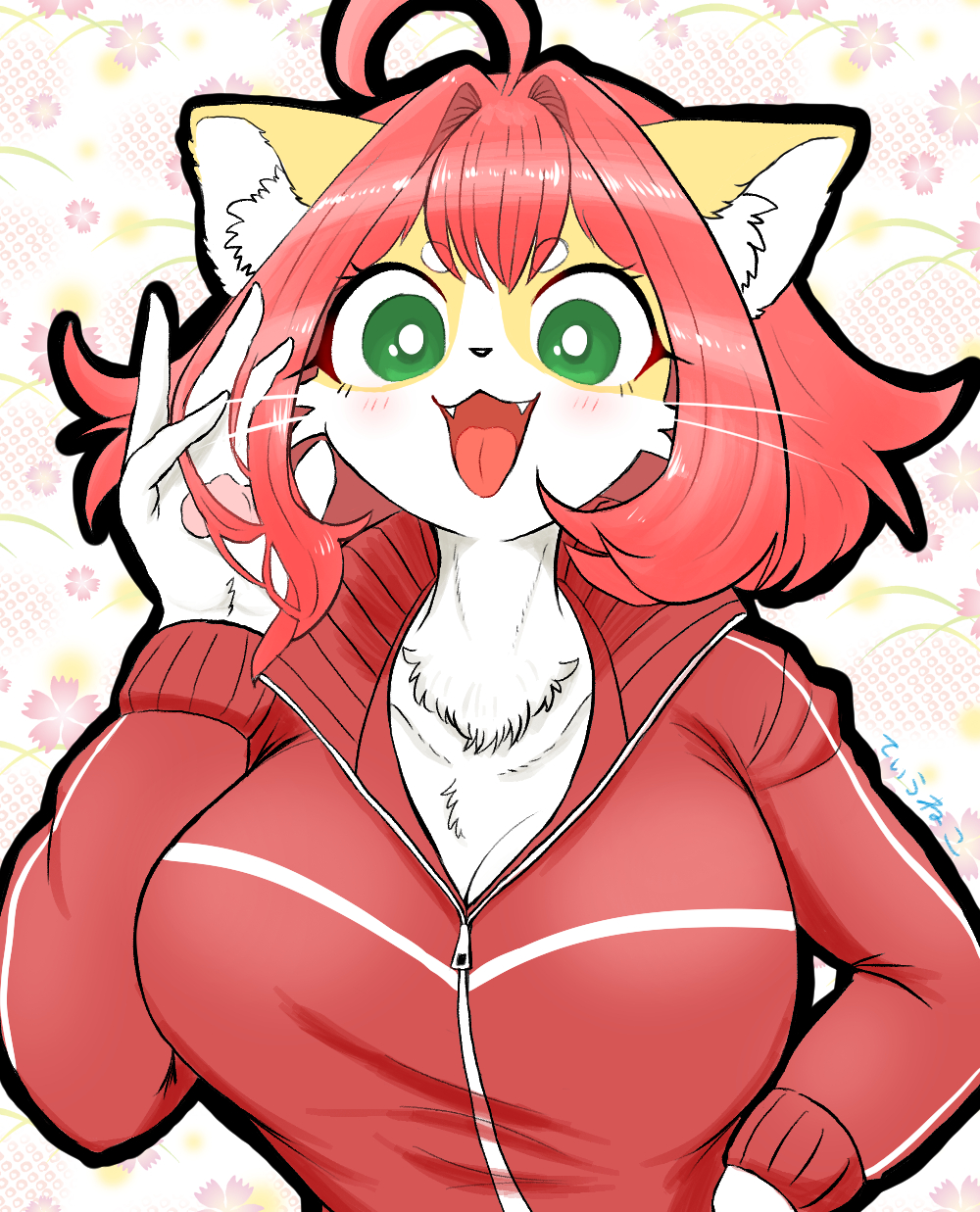 5_fingers anthro big_breasts biped blush blush_lines breasts chest_tuft cleavage clothed clothing collarbone domestic_cat eyebrow_through_hair eyebrows eyelashes fangs felid feline felis female fingers fur green_eyes greeting hair hi_res inner_ear_fluff jacket japanese_text kemono mammal nana_(teau_leaf) neck_muscles open_mouth open_smile orange_body pawpads red_clothing red_hair red_jacket red_topwear signature smile solo teau_leaf teeth text topwear translucent translucent_hair tuft white_body white_fur zipper