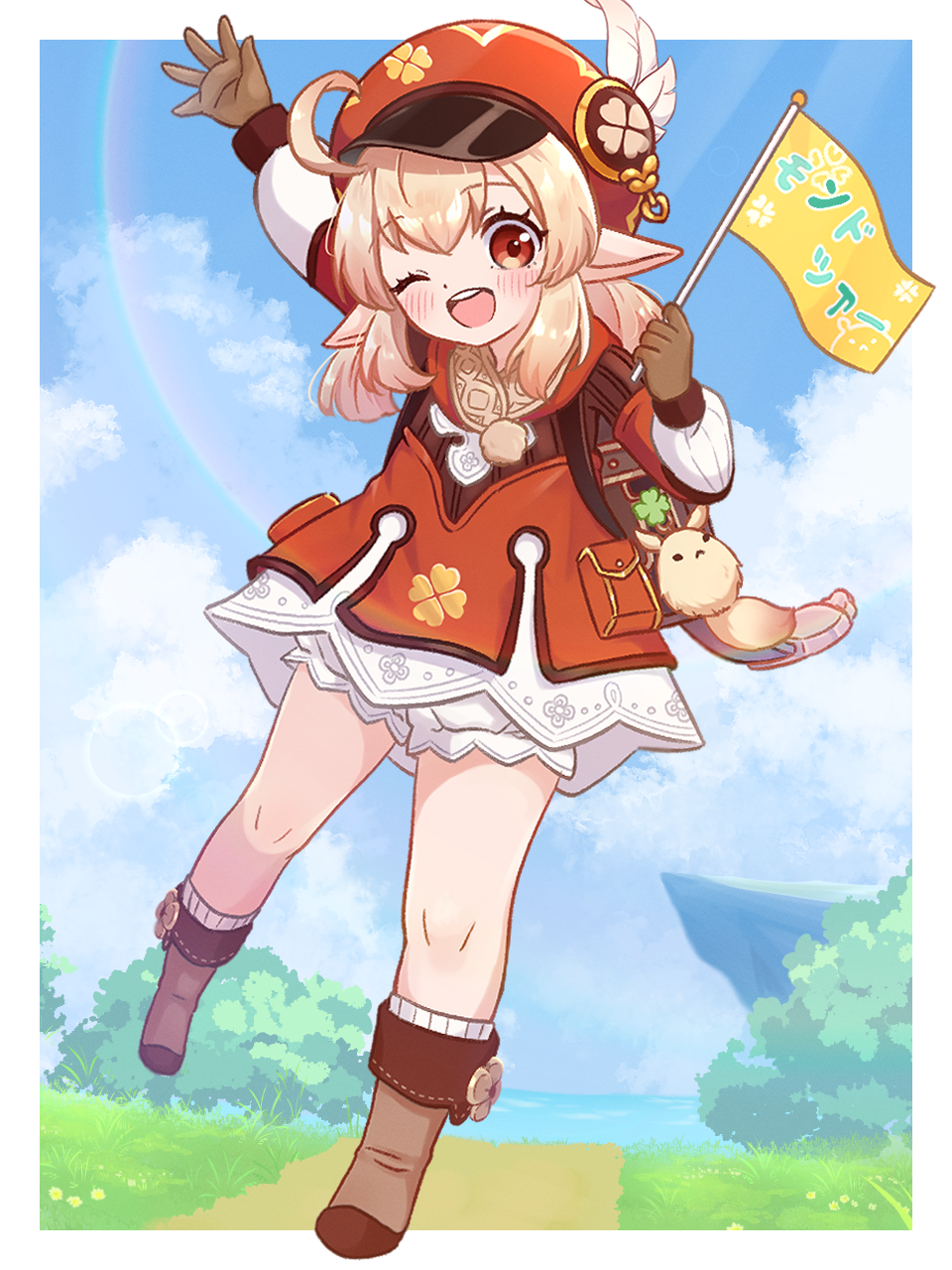 1girl ;d ahoge arm_up backpack bag bare_legs blonde_hair blue_sky boots brown_bag brown_footwear brown_gloves bush cabbie_hat child cloud cloudy_sky clover clover_print day dodoco_(genshin_impact) dot_nose dress flag four-leaf_clover genshin_impact gloves gold_trim grass hair_between_eyes hat hat_feather highres holding holding_flag horizon klee_(genshin_impact) light_blush long_sleeves looking_at_viewer low_twintails nami_harakamiaka one_eye_closed outdoors outside_border pointy_ears pom_pom_(clothes) puffy_long_sleeves puffy_sleeves rainbow randoseru red_dress red_eyes red_hat road sidelocks sky smile socks standing standing_on_one_leg teeth twintails upper_teeth_only white_socks