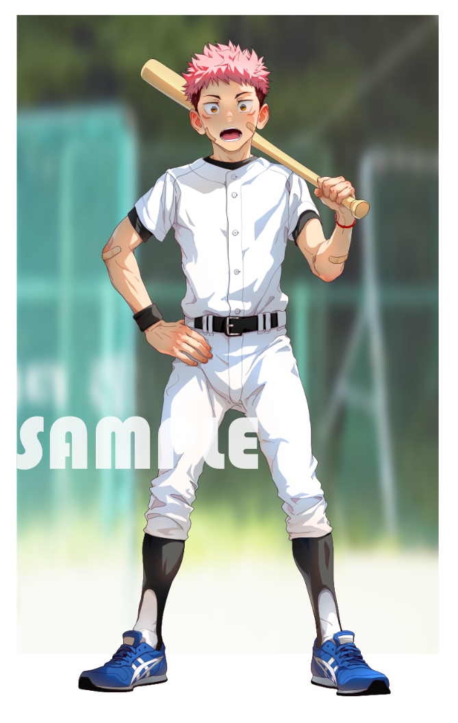 1boy bandaid bandaid_on_cheek bandaid_on_face baseball_bat baseball_uniform beitemian blue_footwear blurry blurry_background border facing_viewer full_body hand_on_own_hip holding holding_baseball_bat itadori_yuuji jujutsu_kaisen looking_at_viewer male_focus open_mouth orange_eyes pink_hair red_bracelet sample_watermark scar scar_on_face shoes short_sleeves solo sportswear standing sweatband teeth tongue undercut watermark white_border