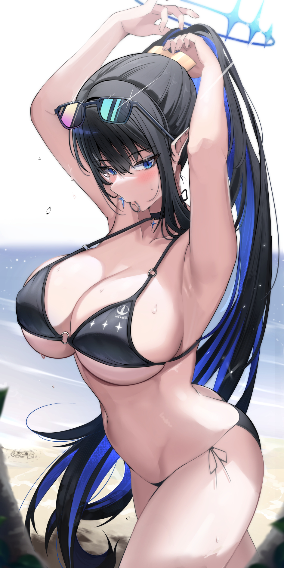 1girl armpits arms_behind_head arms_up bare_shoulders beach bikini black_bikini black_hair blue_archive blue_eyes blue_hair blush breasts cleavage cowboy_shot day earrings giga-tera halo highres horns jewelry large_breasts long_hair looking_at_viewer mouth_hold multicolored_hair navel outdoors pointy_ears ponytail rin_(blue_archive) sand sidelocks solo stomach string_bikini sweat swimsuit two-tone_hair tying_hair very_long_hair water wet