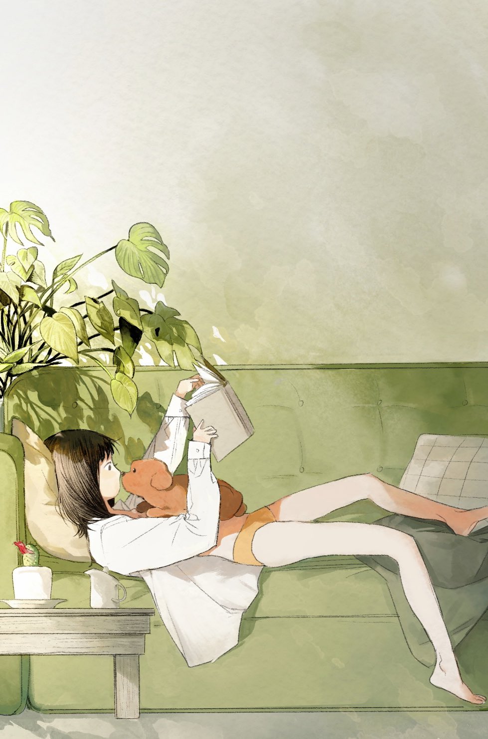 1girl bare_legs barefoot black_hair blanket book cactus couch cup dog eye_contact from_side highres holding holding_book indoors long_sleeves looking_at_another lying mug noses_touching oddxegg0 on_back orange_shorts original pillow plant potted_plant profile puppy shirt short_hair shorts table white_shirt