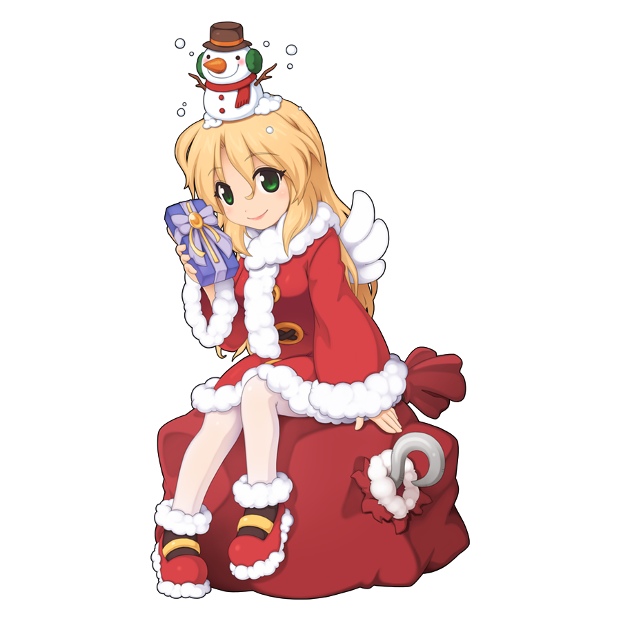 1girl blonde_hair box closed_mouth coat feathered_wings full_body fur-trimmed_coat fur-trimmed_footwear fur_trim gift gift_box green_eyes hair_between_eyes holding holding_gift hook_hand long_bangs long_hair long_sleeves official_art pantyhose ragnarok_online red_footwear sack santa_costume shoes simple_background sitting smile snowman snowman_on_head solo transparent_background white_pantyhose white_wings wings yuichirou