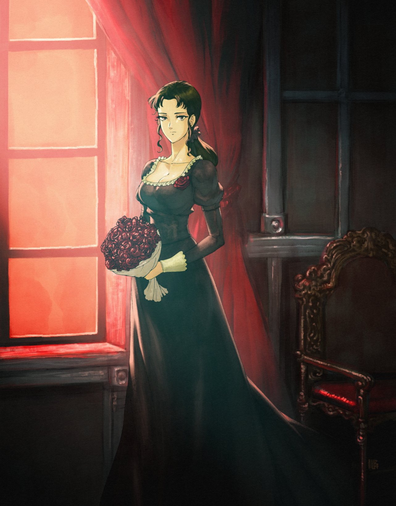 1990s_(style) 1girl bara_to_tsubaki black_dress black_hair bouquet breasts cleavage curtains david_liu dress english_commentary flower frilled_dress frills full_body highres holding holding_bouquet juliet_sleeves long_dress long_hair long_sleeves looking_at_viewer low_neckline medium_breasts official_art puffy_sleeves red_flower red_rose retro_artstyle rose solo tsubakikoji_reiko window wrist_cuffs