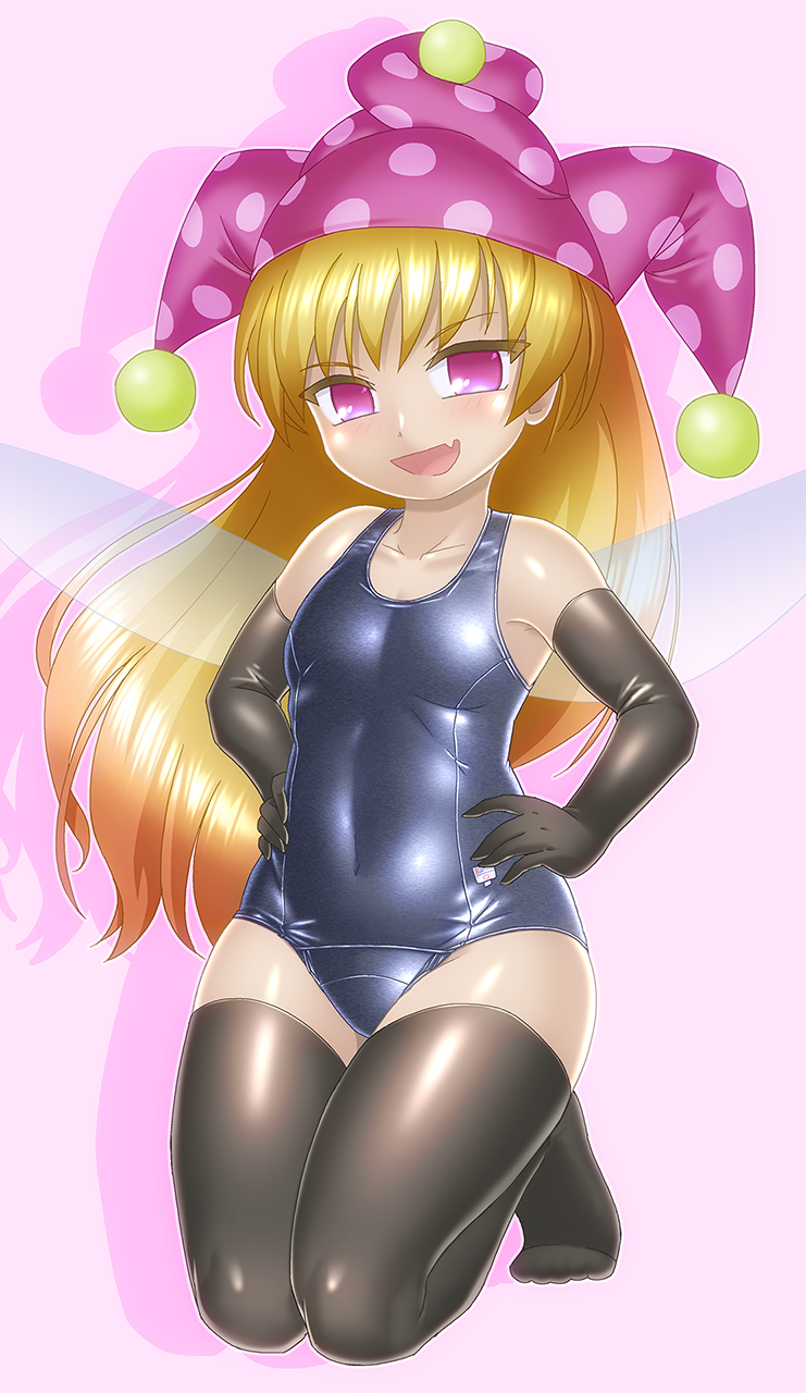 1girl black_gloves black_thighhighs blonde_hair blue_one-piece_swimsuit breasts clownpiece elbow_gloves fairy_wings gloves hands_on_own_hips hat highres jester_cap kneeling long_hair looking_at_viewer old_school_swimsuit one-piece_swimsuit polka_dot polka_dot_headwear red_eyes school_swimsuit small_breasts smile solo swimsuit thighhighs touhou wings winn