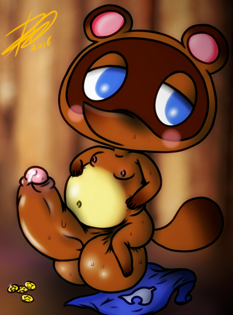 animal_crossing anthro balls big_balls big_penis blush bodily_fluids coin genitals huge_balls huge_penis hyper hyper_balls hyper_genitalia hyper_penis ka1dus male mammal navel nintendo nipples nude penis procyonid raccoon solo sweat tom_nook_(animal_crossing)