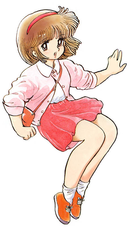 1980s_(style) 1girl ankle_socks azuma_hideo bag bob_cut brown_eyes brown_hair crossbody_bag floating_hair full_body hairband medium_hair midair nanako_(nanako_sos) nanako_sos official_art retro_artstyle shoes shoulder_bag sneakers socks solo traditional_media white_background