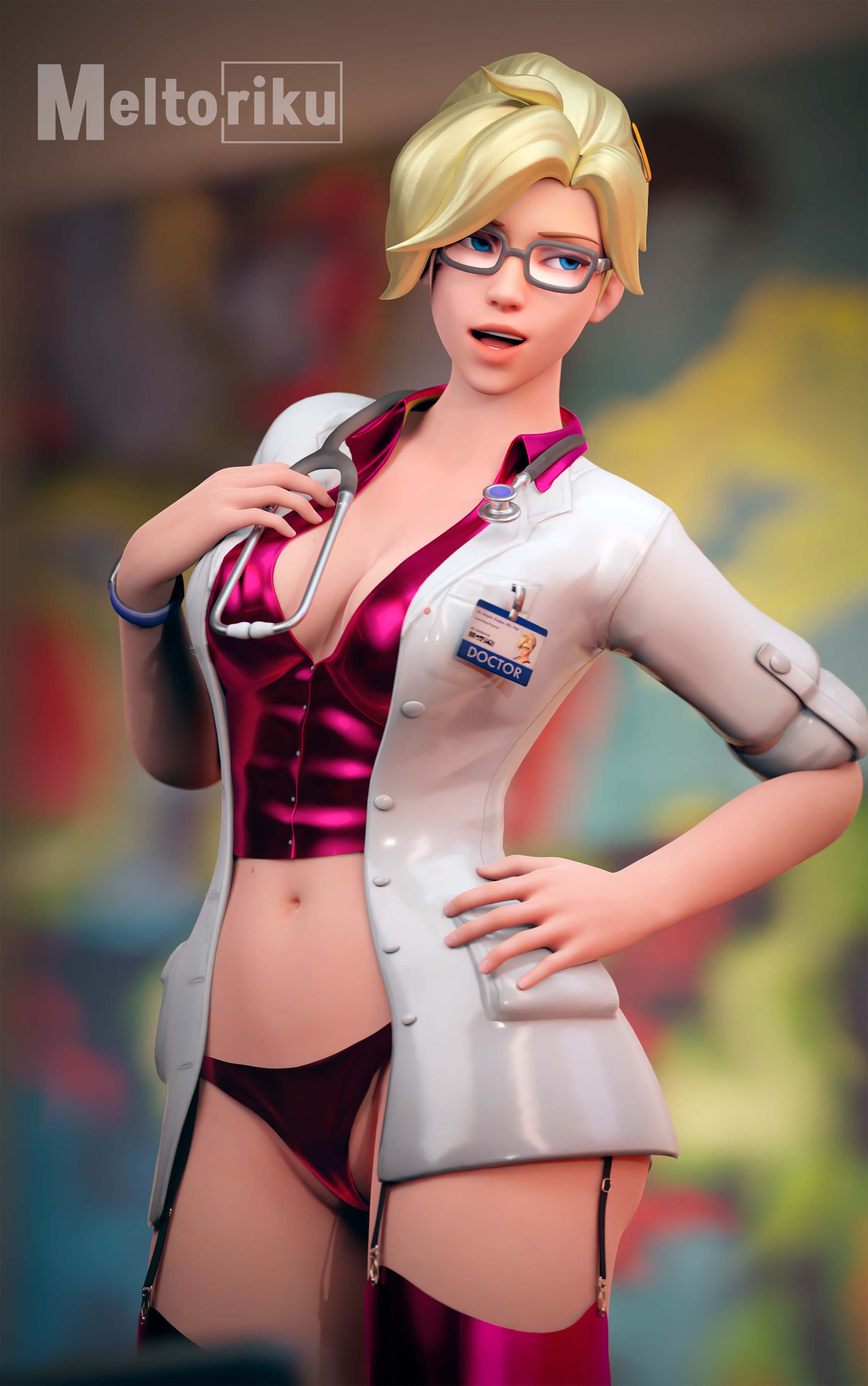 1girl 3d 3d_(artwork) absurdres blender_(software) blizzard_entertainment blonde_female blonde_hair blue_eyes breasts doctor glasses hi_res highres lingerie meltoriku mercy mercy_(overwatch) naughty_face nurse overwatch overwatch_2 posing pussy rubber_clothing rubber_suit smile solo solo_female solo_focus standing thighhighs thighs underwear