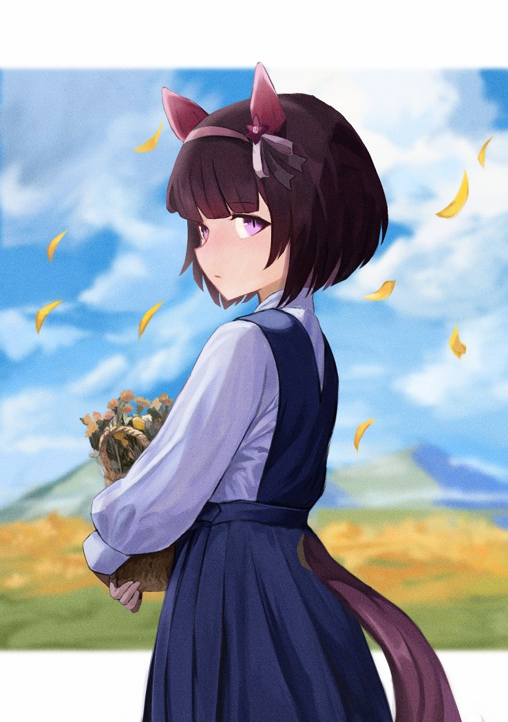 1girl alternate_costume animal_ears basket e_nnihql ear_covers flower from_side hairband holding holding_basket horse_ears horse_girl horse_tail long_sleeves looking_at_viewer looking_to_the_side nishino_flower_(umamusume) pink_hairband purple_eyes shirt short_hair skirt solo tail tail_through_clothes umamusume white_shirt