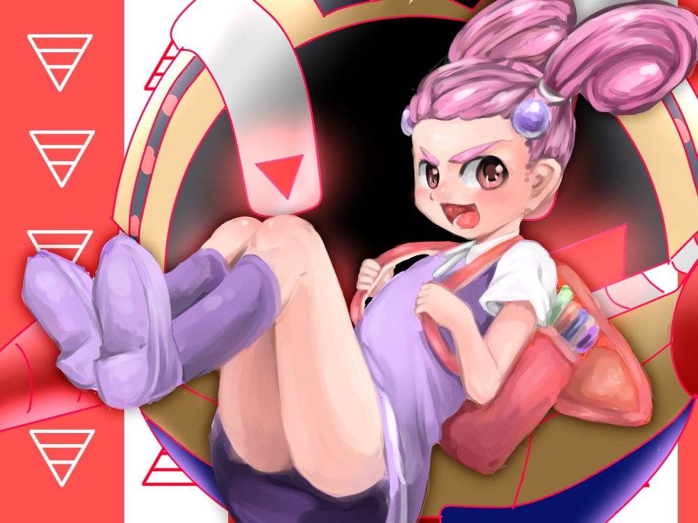 1girl aburai_yui backpack bag blush boots double_bun dress drill_dozer full_body hair_bun hair_ornament jill_(drill_dozer) looking_at_viewer open_mouth pink_hair purple_dress purple_footwear red_bag red_eyes short_sleeves smile solo