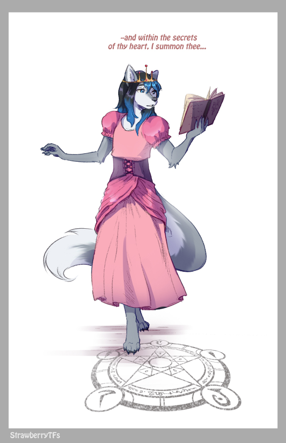 anthro book canid canine canis clothed clothing crossdressing dialogue dress english_text male mammal solo strawberrytfs summoning summoning_circle text wolf