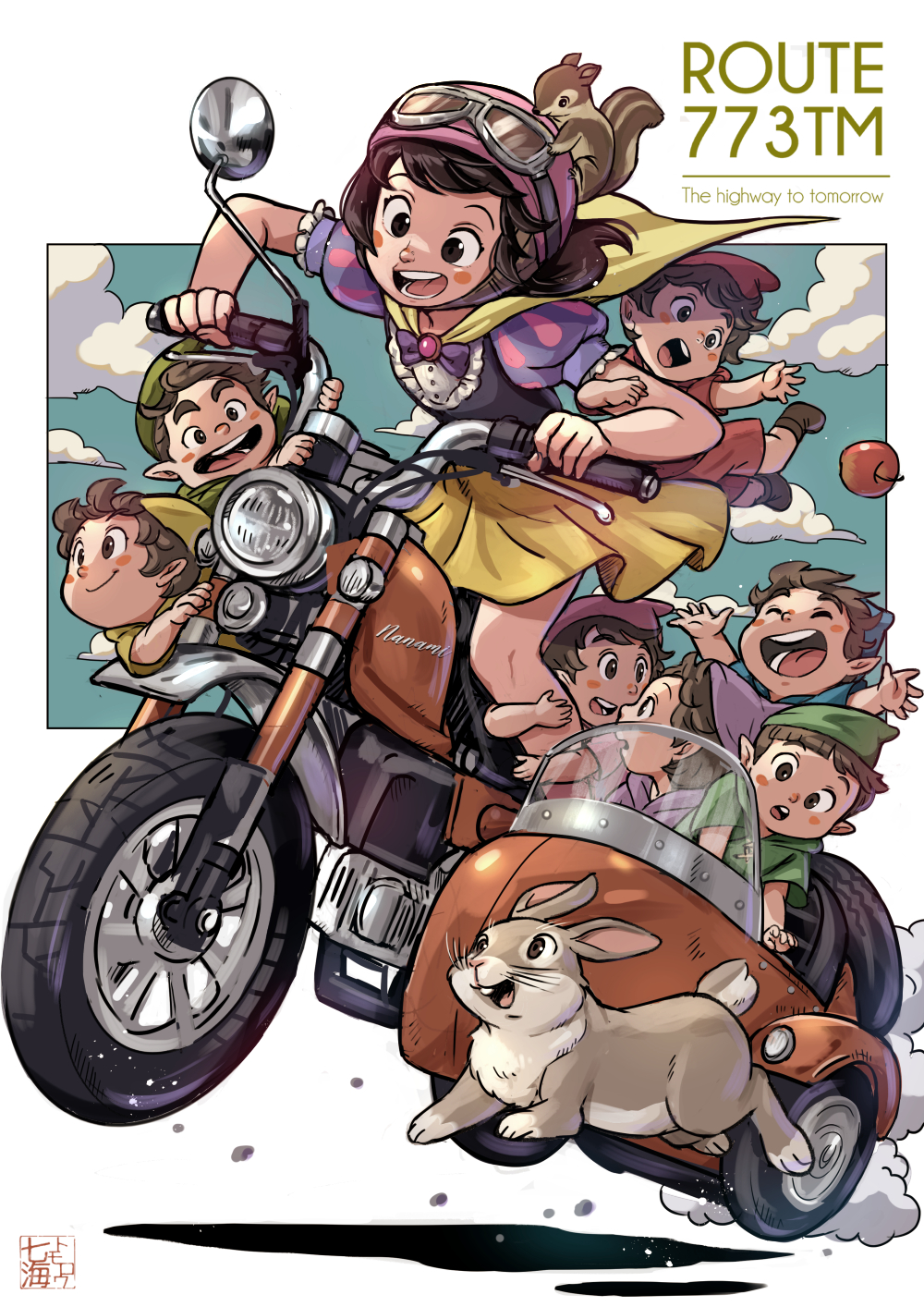1girl 6+boys animal animal_on_head apple artist_name black_hair blue_hat blush_stickers bow bowtie closed_eyes cloud commentary dwarf_(grimm) english_text food frills fruit goggles goggles_on_headwear green_hat hat helmet highres hugging_another's_leg motor_vehicle motorcycle motorcycle_helmet multiple_boys nanami_tomorou on_head open_mouth pointy_ears puffy_short_sleeves puffy_sleeves purple_hat rabbit red_hat riding short_hair short_sleeves sidecar skirt snow_white snow_white_(grimm) squirrel symbol-only_commentary tunic wheel yellow_collar yellow_hat yellow_skirt
