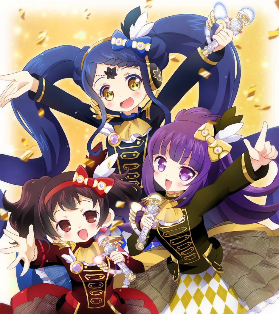 3girls :d arm_up arms_up blue_bow blue_hair blue_jacket blunt_bangs bow braid braided_bangs brown_hair brown_jacket commentary_request confetti garara_s_leep gold_trim hair_bow hairband hanazono_shuka hand_up head_chain headphones holding holding_microphone idol_clothes idol_time_pripara index_finger_raised jacket jewelry jigoku_mimiko long_hair long_sleeves looking_at_viewer microphone multiple_girls nohoshio open_mouth outstretched_arms ponytail pretty_series pripara purple_eyes purple_hair red_bow red_eyes red_hairband red_jacket smile standing symbol-shaped_pupils twintails very_long_hair yellow_bow yellow_eyes