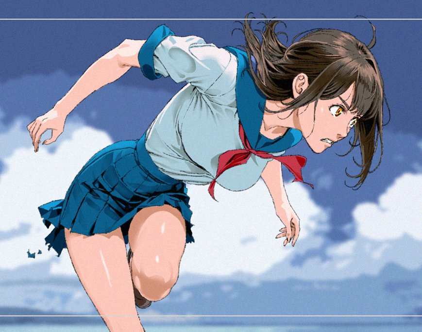 1girl black_hair blue_sailor_collar blue_skirt blue_sky breasts cloud ishihama_masashi leg_up looking_to_the_side medium_breasts medium_hair miniskirt neckerchief orange_eyes original red_neckerchief sailor_collar school_uniform serafuku skirt sky solo teeth thighs torn_clothes torn_skirt