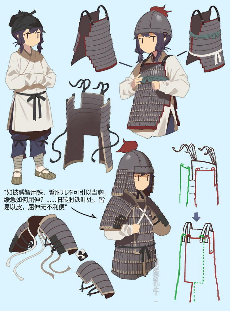 1girl armor black_hair blue_background chinese_armor chinese_clothes chinese_empire chinese_text fangdan_runiu futou hanfu helmet how_to jitome lamellar_armor original song_dynasty