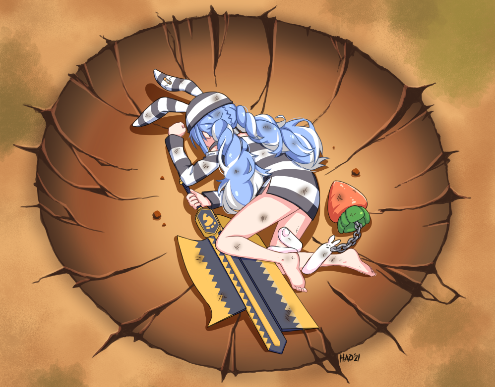 1girl animal_ears arm_up ass barefoot blue_hair braid bruise bunny_ears carrot crater dirty dirty_clothes dirty_feet dragon_ball dragon_ball_z extra_ears holding holding_weapon hololive injury long_hair lying monster_hunter_(series) monster_hunter_rise official_alternate_costume on_side parody prison_clothes solo twin_braids twintails usada_pekora very_long_hair virtual_youtuber weapon yamcha_pose yona_(user_hcyj7228)
